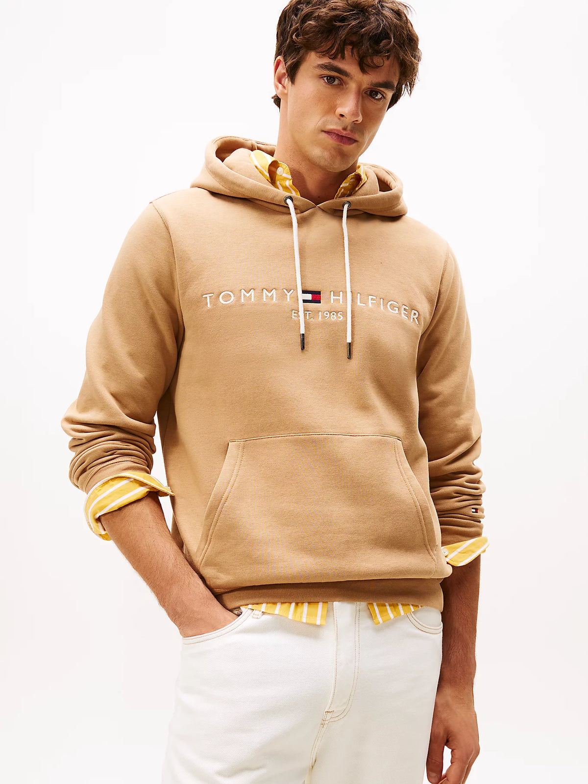 FELPA TOMMY HILFIGER UOMO CON CAPPUCCIO FELPATA LOGO RICAMATO CAMMELLO
