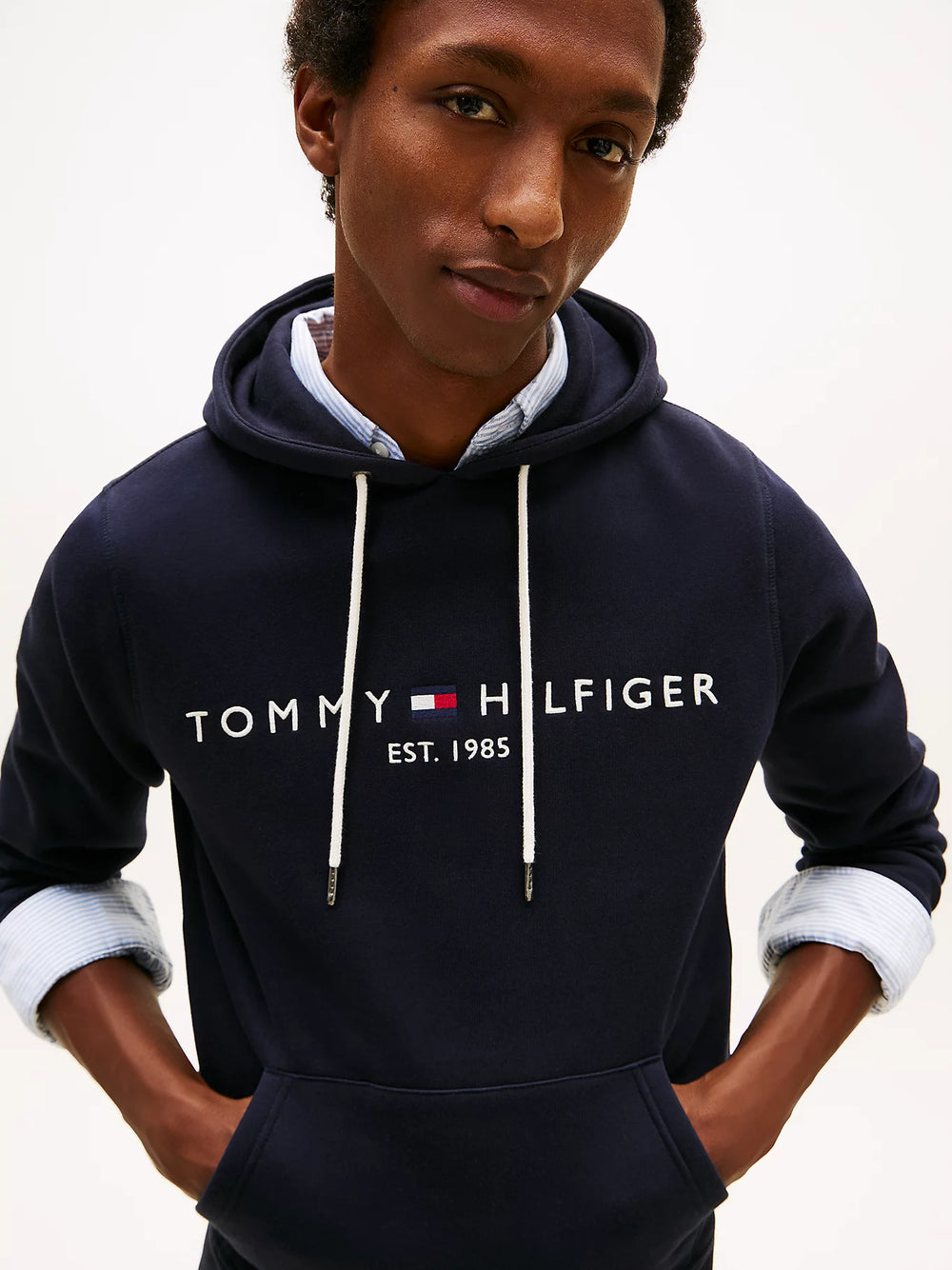 FELPA TOMMY HILFIGER UOMO CON CAPPUCCIO FELPATA LOGO RICAMATO BLU NAVY