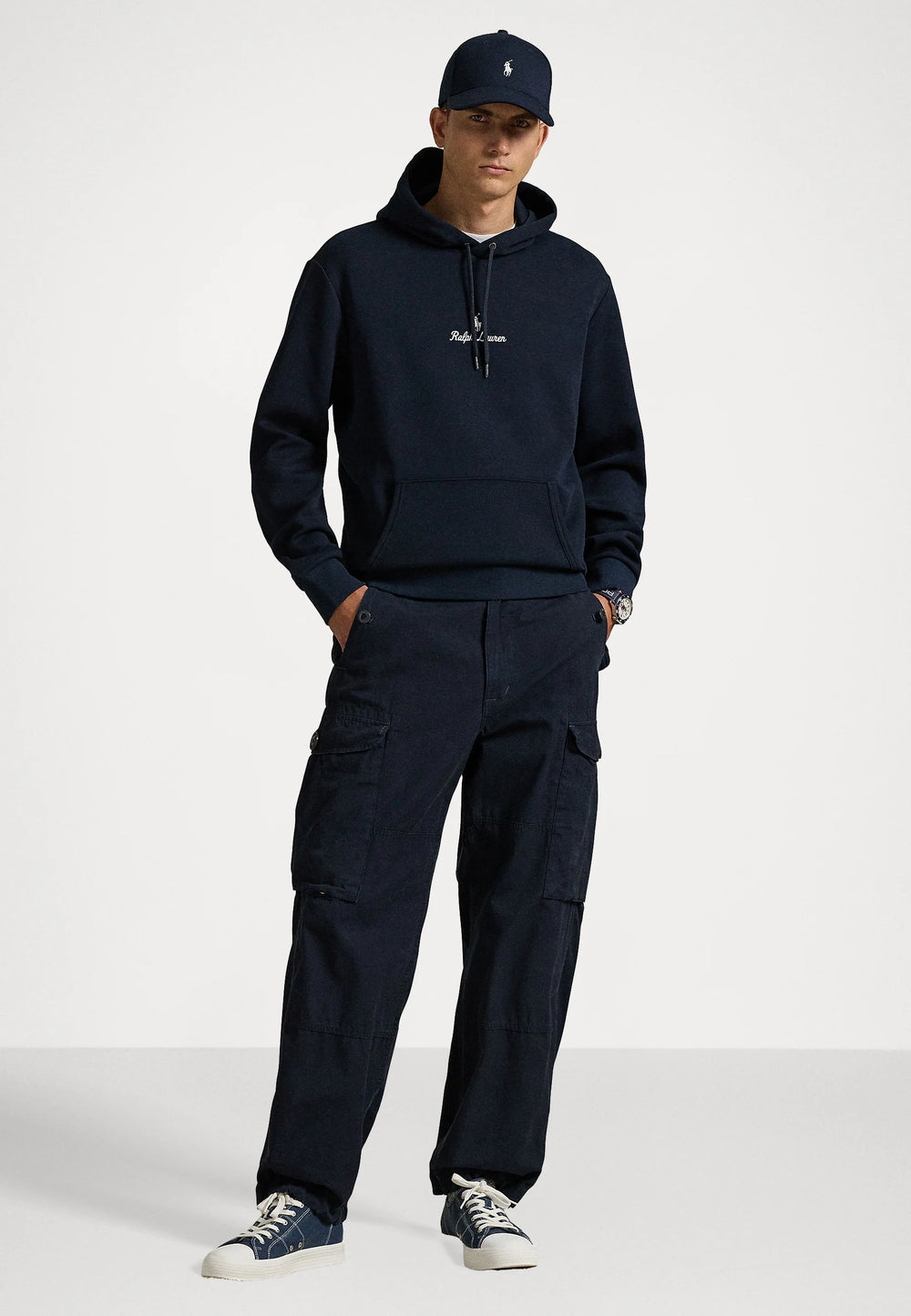 FELPA RALPH LAUREN CON CAPPUCCIO A MAGLIA DOPPIA BLU SCURO