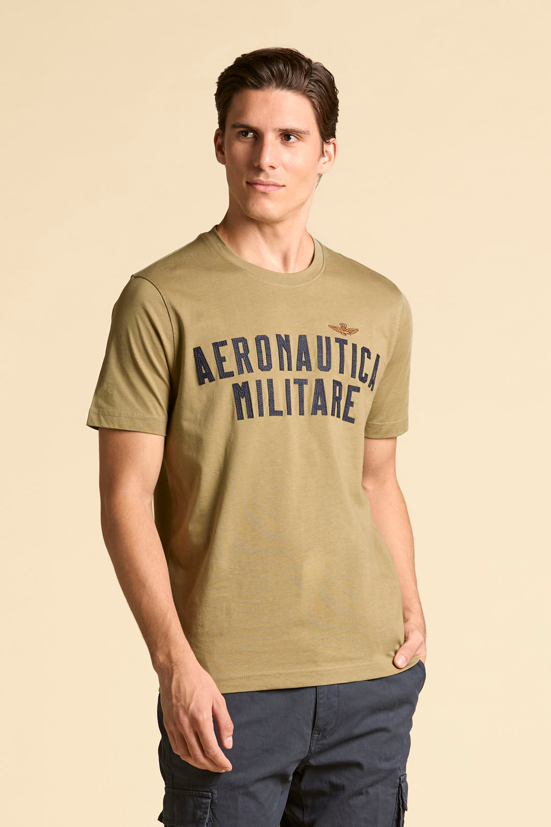 T-SHIRT MANICA CORTA CON LOGO IN FELTRO AERONAUTICA MILITARE BEIGE