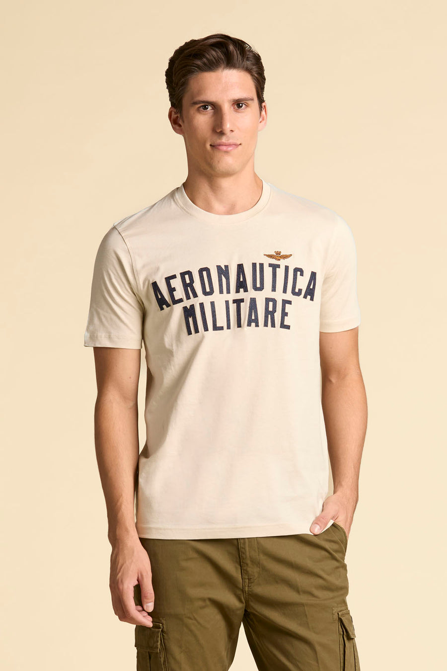 T-SHIRT MANICA CORTA CON LOGO IN FELTRO AERONAUTICA MILITARE BIANCO GHIACCIO