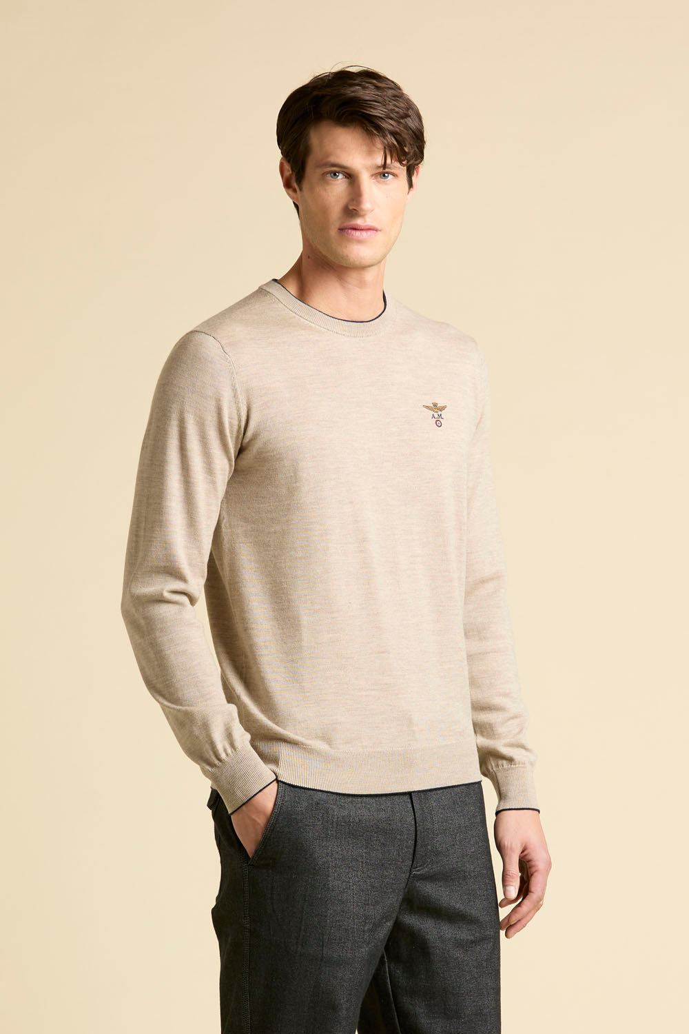 MAGLIA GIROCOLLO IN LANA MERINO AERONAUTICA MILITARE SABBIA MELANGE