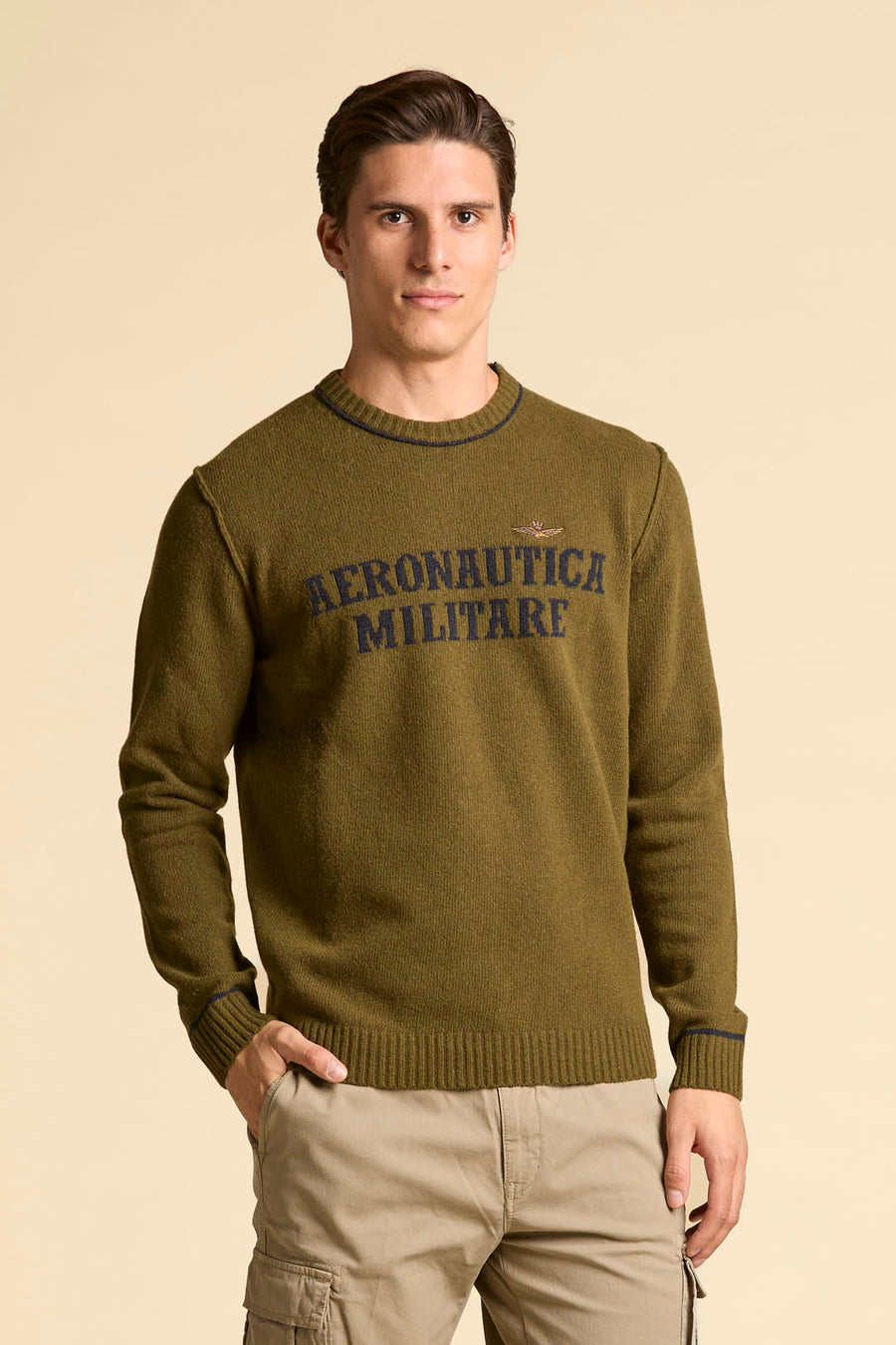 MAGLIONE IN LANA CON LOGO JACQUARD AERONAUTICA MILITARE VERDE OLIVA