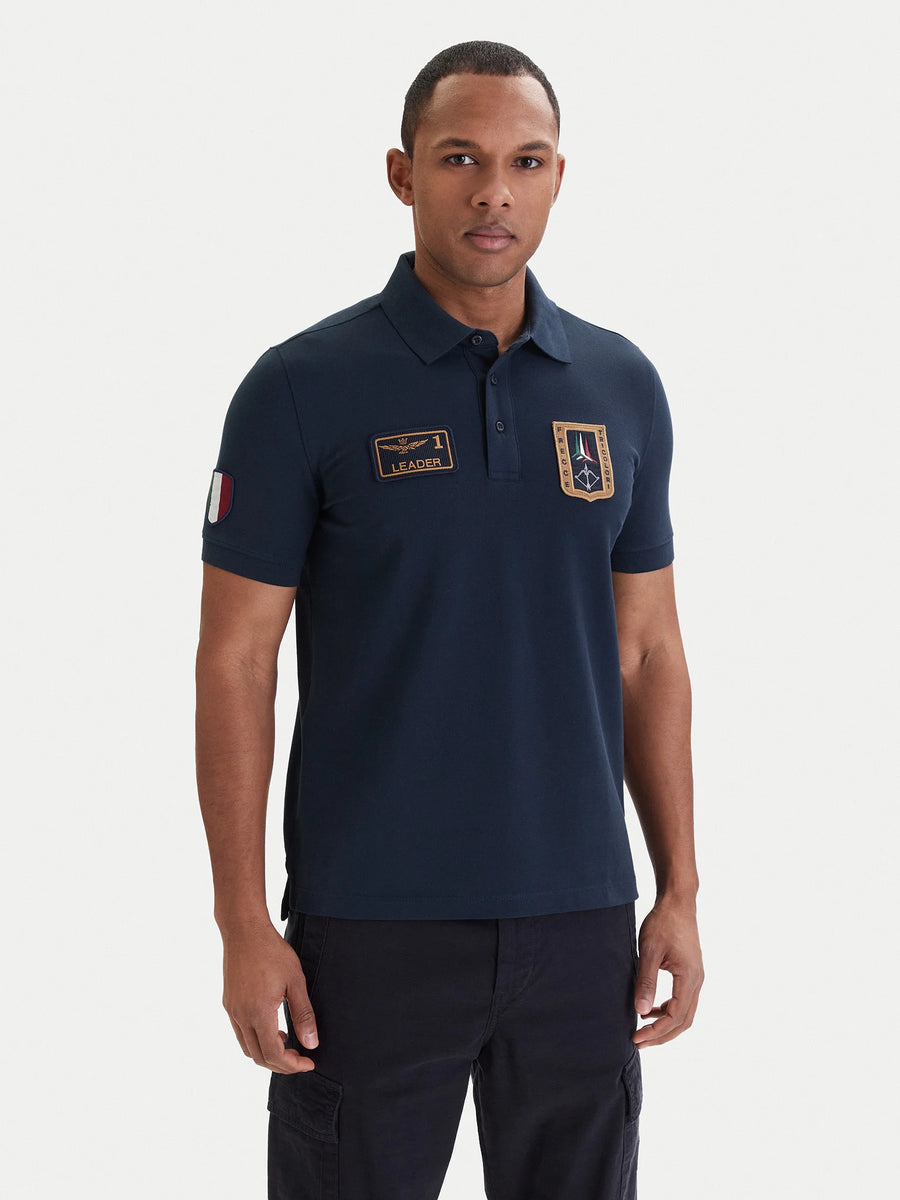 POLO UOMO AERONAUTICA MILITARE CON PATCH FRECCE TRICOLORI MEZZA MANICA BLU