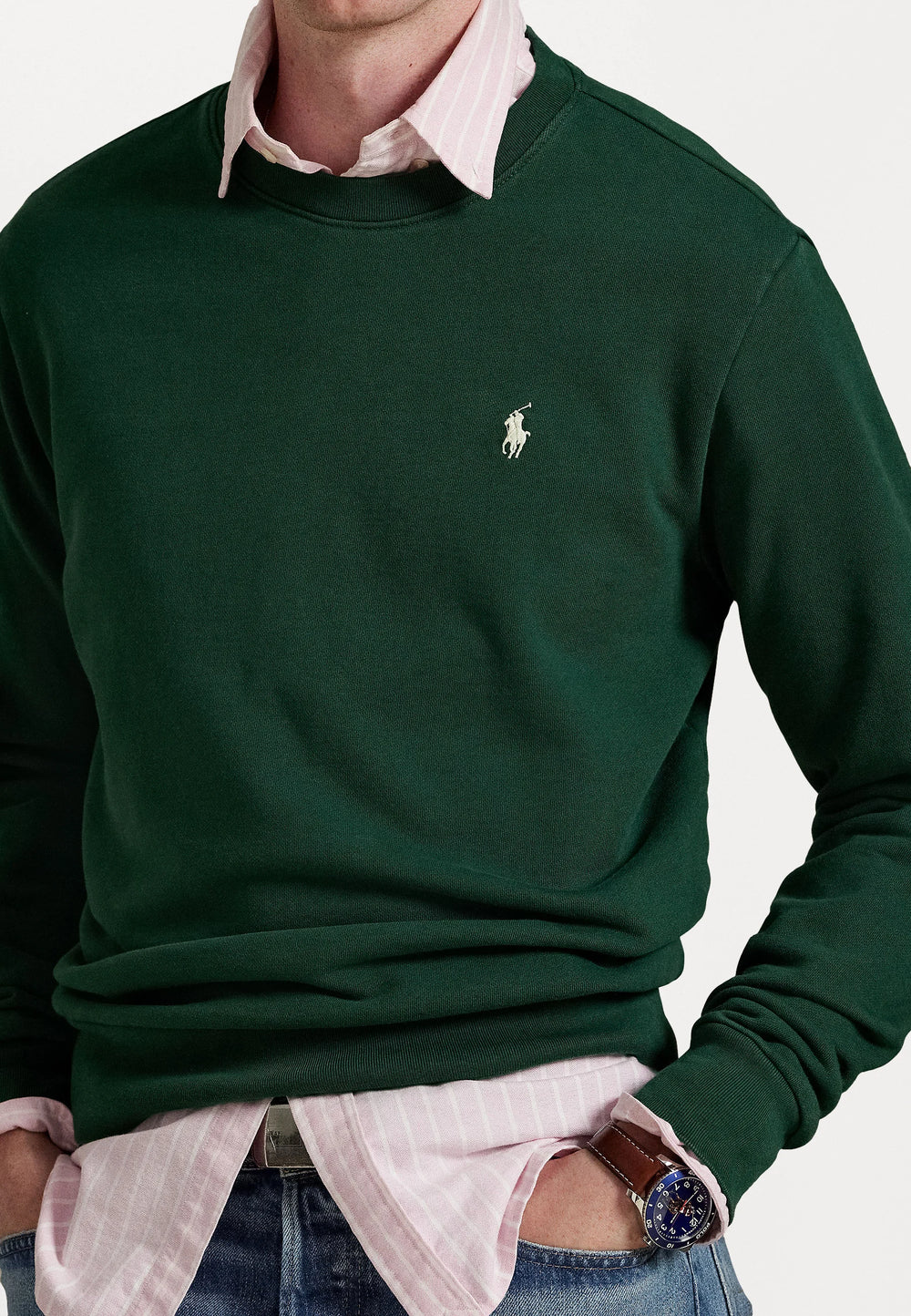 FELPA RALPH LAUREN LOOPBACK IN COTONE GIROCOLLO VERDE PINO