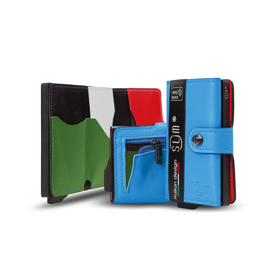 PORTAFOGLIO SLIM VERA PELLE AZZURRO MULTICOLOR ITALIA CON ZIP PORTA MONETE